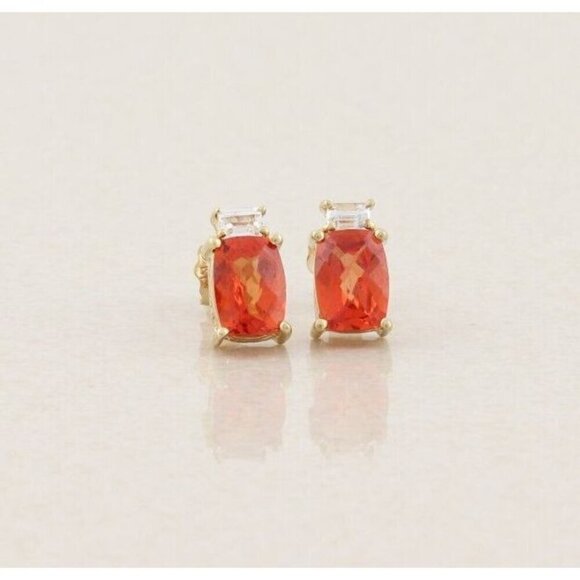 10k Yellow Gold Lab Created Orange Sapphire Padparadscha & White Topaz stud - Picture 5 of 9